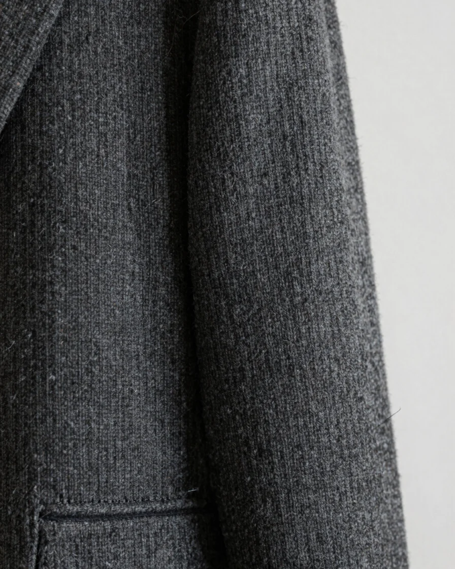 Close-up macro detail of heavy charcoal wool weave and precise ga
