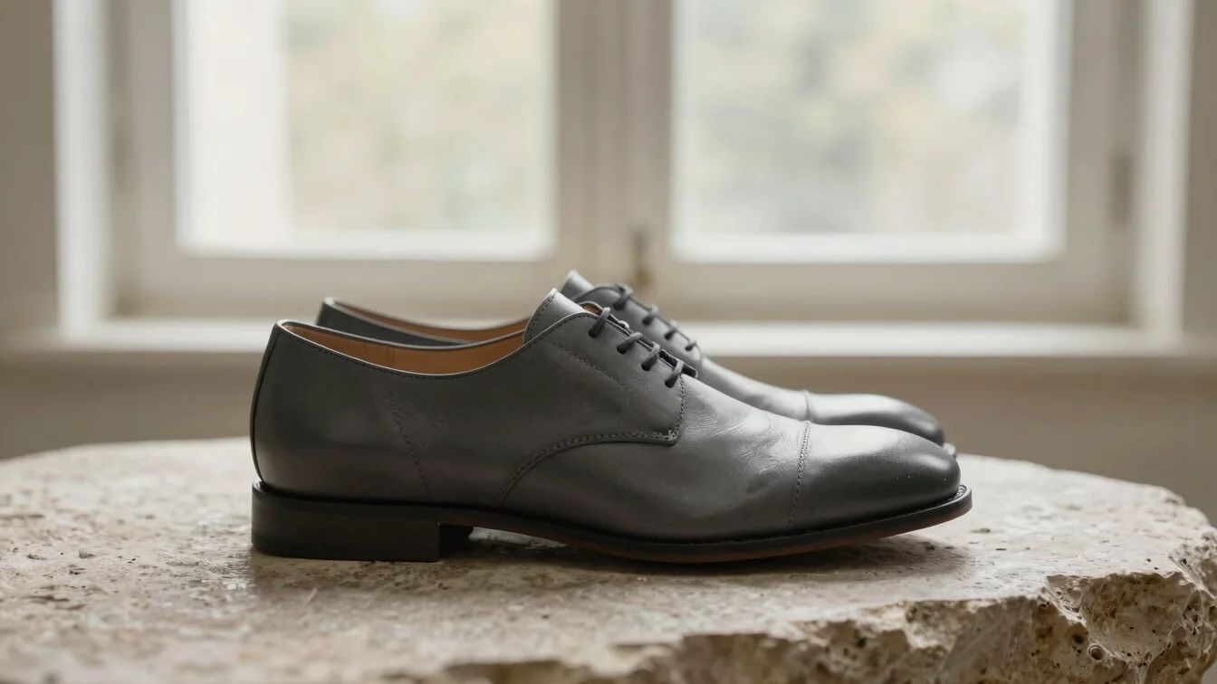Minimalist leather footwear resting on textured stone under diffu