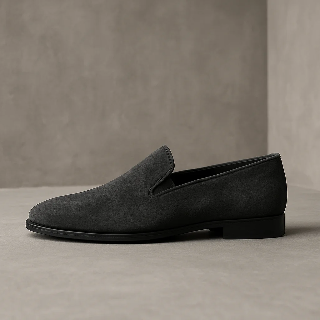 Charcoal suede slip-on shoe, clean architectural lines, warm grey