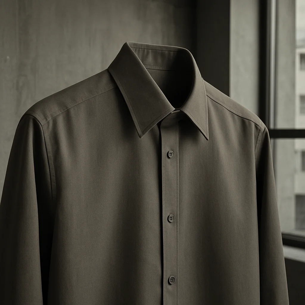 Warm grey poplin shirt, sharp collar construction, minimalist urb