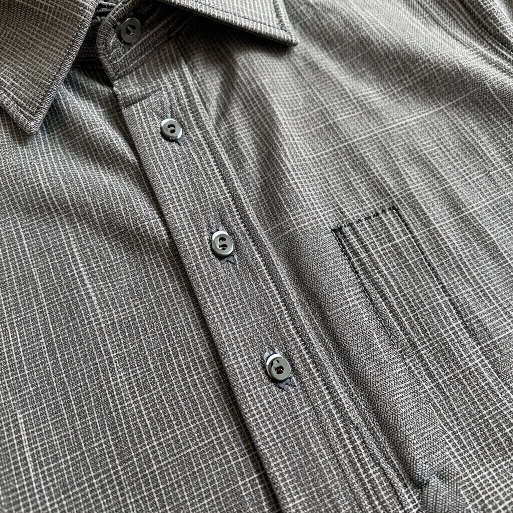 Fine micro-check weave shirt detail, precision stitching, desatur