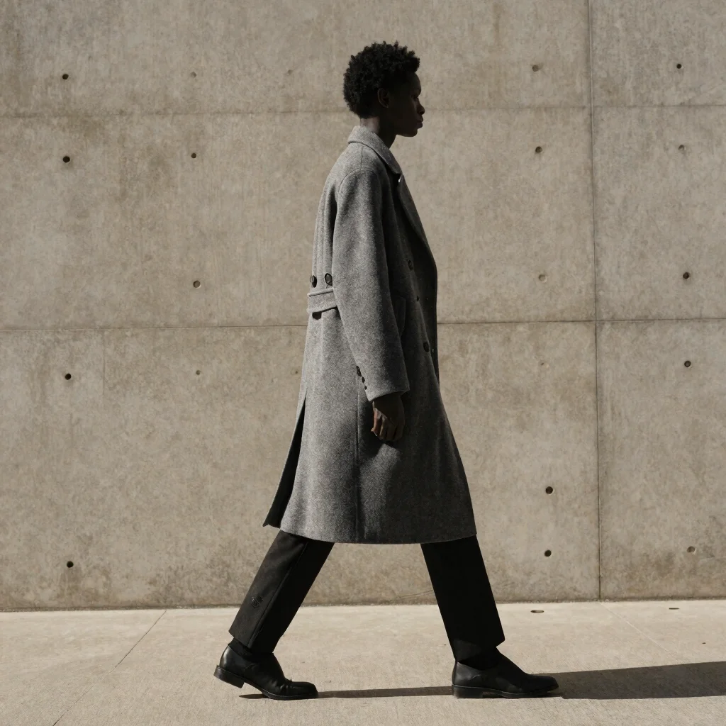 Editorial full-length silhouette movement shot wearing a heavyweight tailored coat against urban concrete, warm grey ton