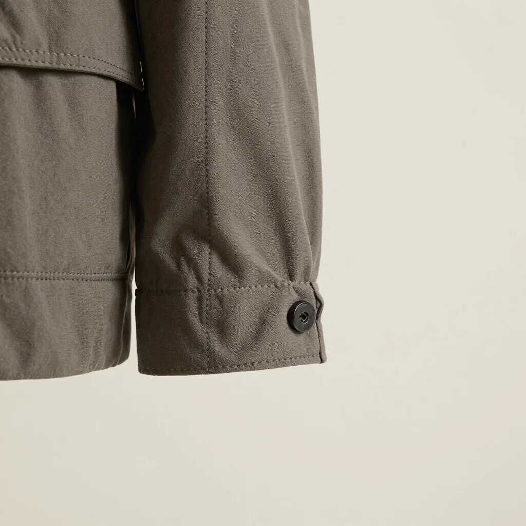 Macro detail of jacket hardware and precise seams against neutral ivory background, soft diffused studio lighting
