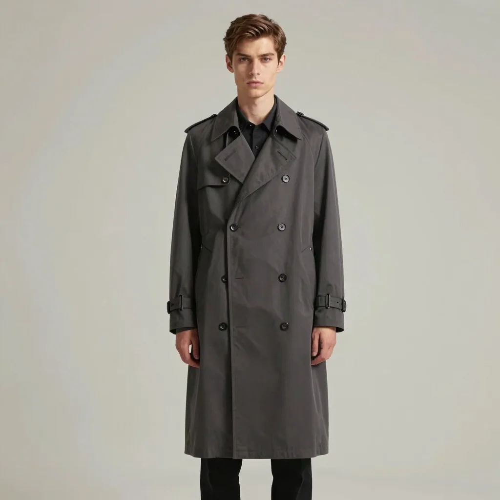 Architectural trench coat silhouette with clean lines in deep charcoal, ambient negative space, soft overcast daylight
