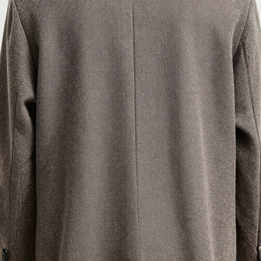 Textured outerwear fabric weave close-up, sharp detail focus, desaturated daylight, minimal urban aesthetic