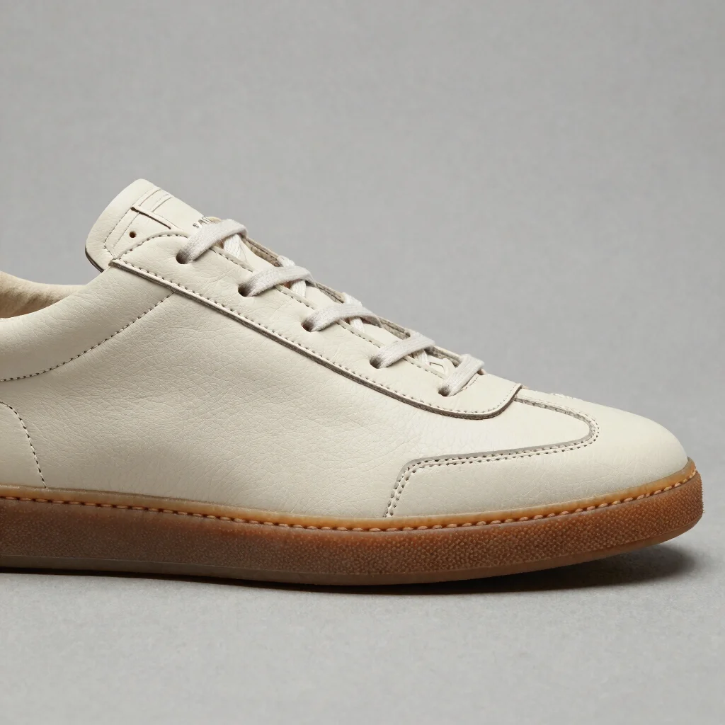 Ivory leather minimalist sneaker, macro detail of stitchwork and