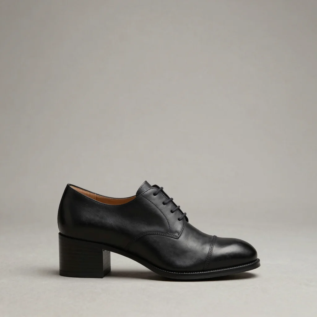 Matte black derby shoe, structural stacked heel, negative space a