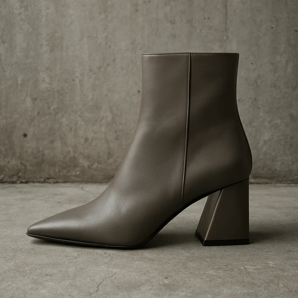 Warm grey leather boot, sharp geometric silhouette, concrete back