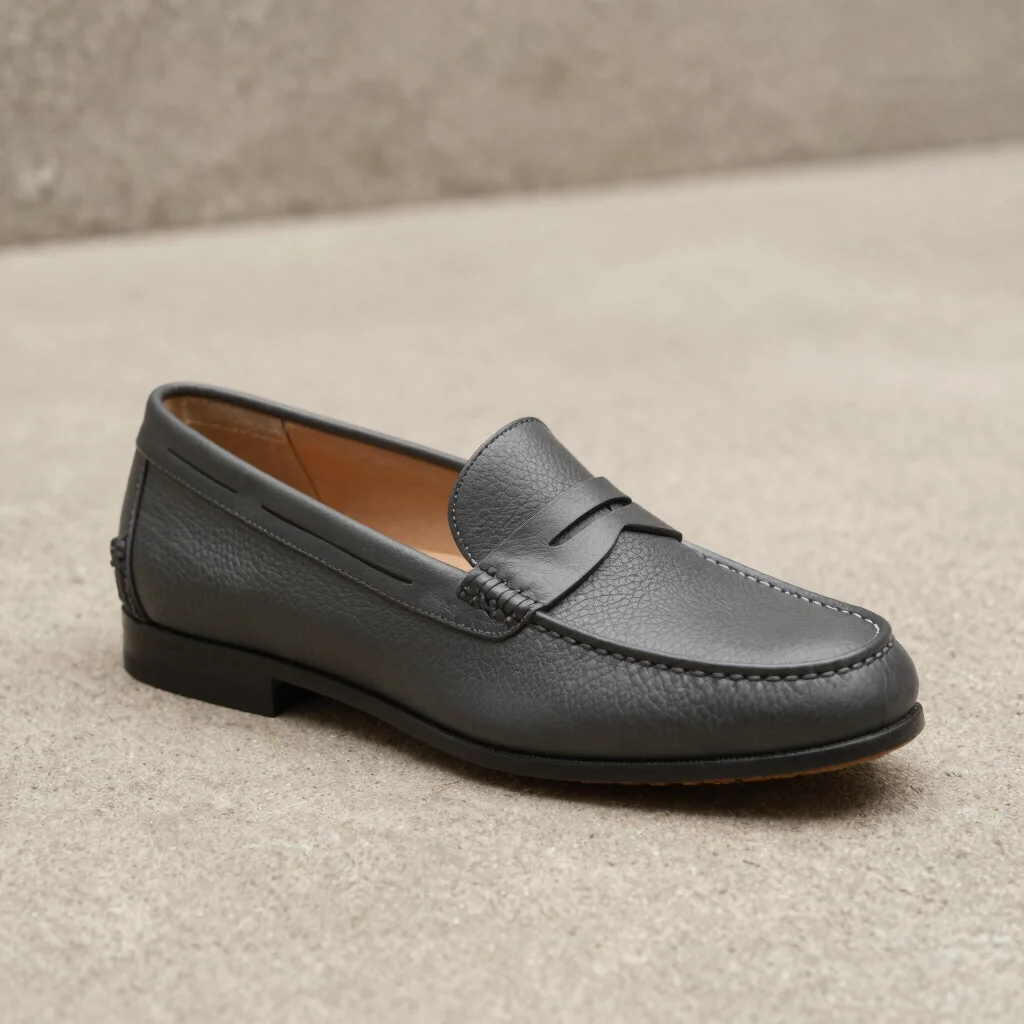 Charcoal textured loafer, fine leather grain detail, diffused nat