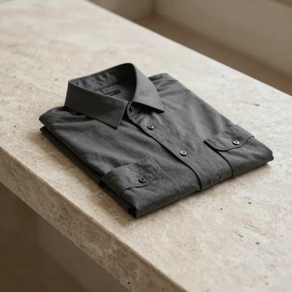 Charcoal tailored shirt on textured stone counter, folded precisi