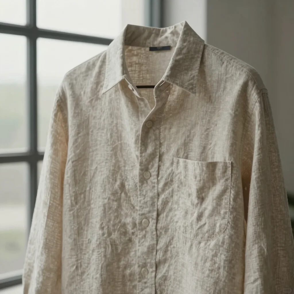 Ivory textured linen shirt drape, soft overcast window lighting,