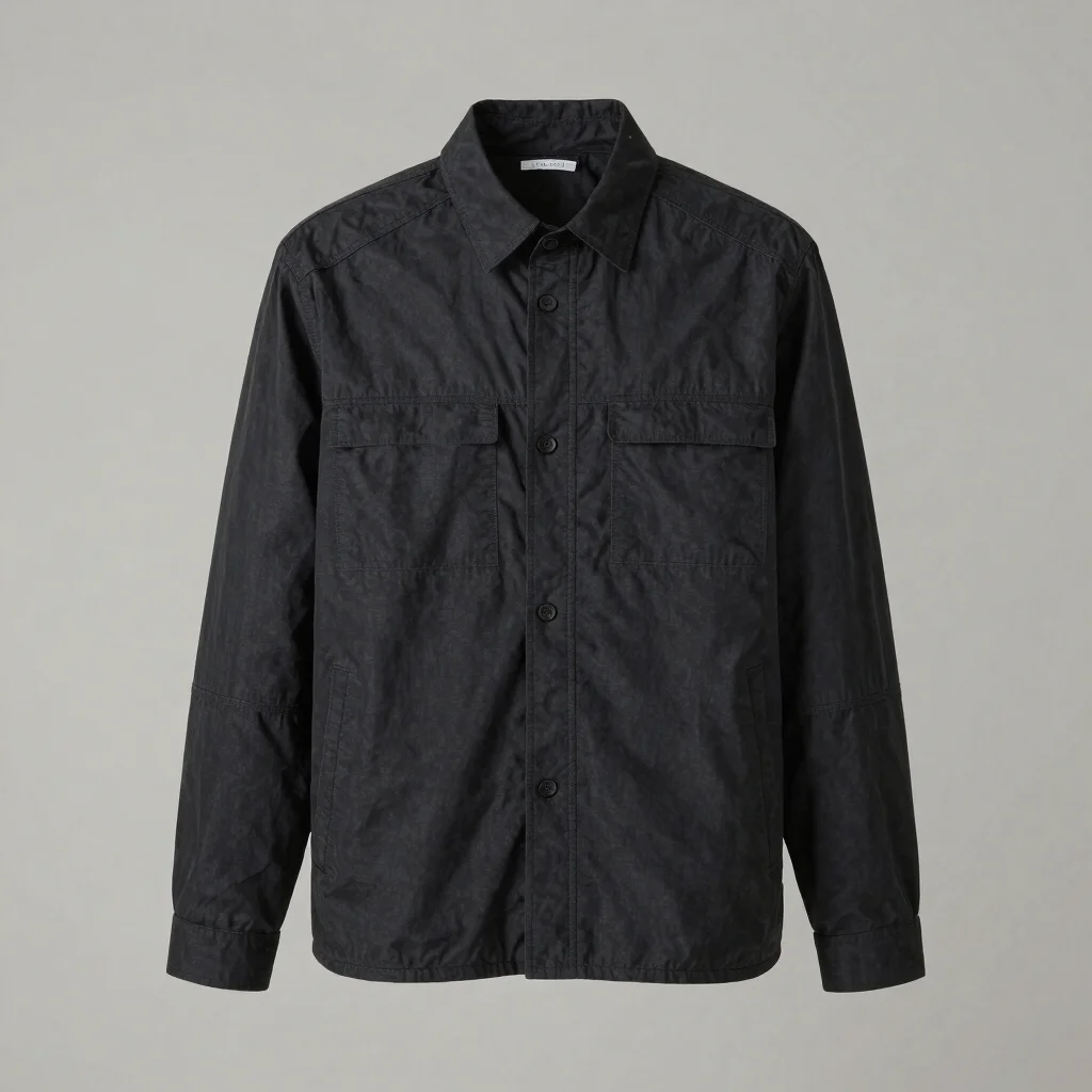Deep black structured overshirt, heavy cotton twill, clean minima