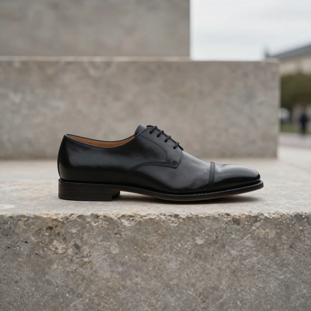 Minimalist black leather oxford shoe resting on textured architec
